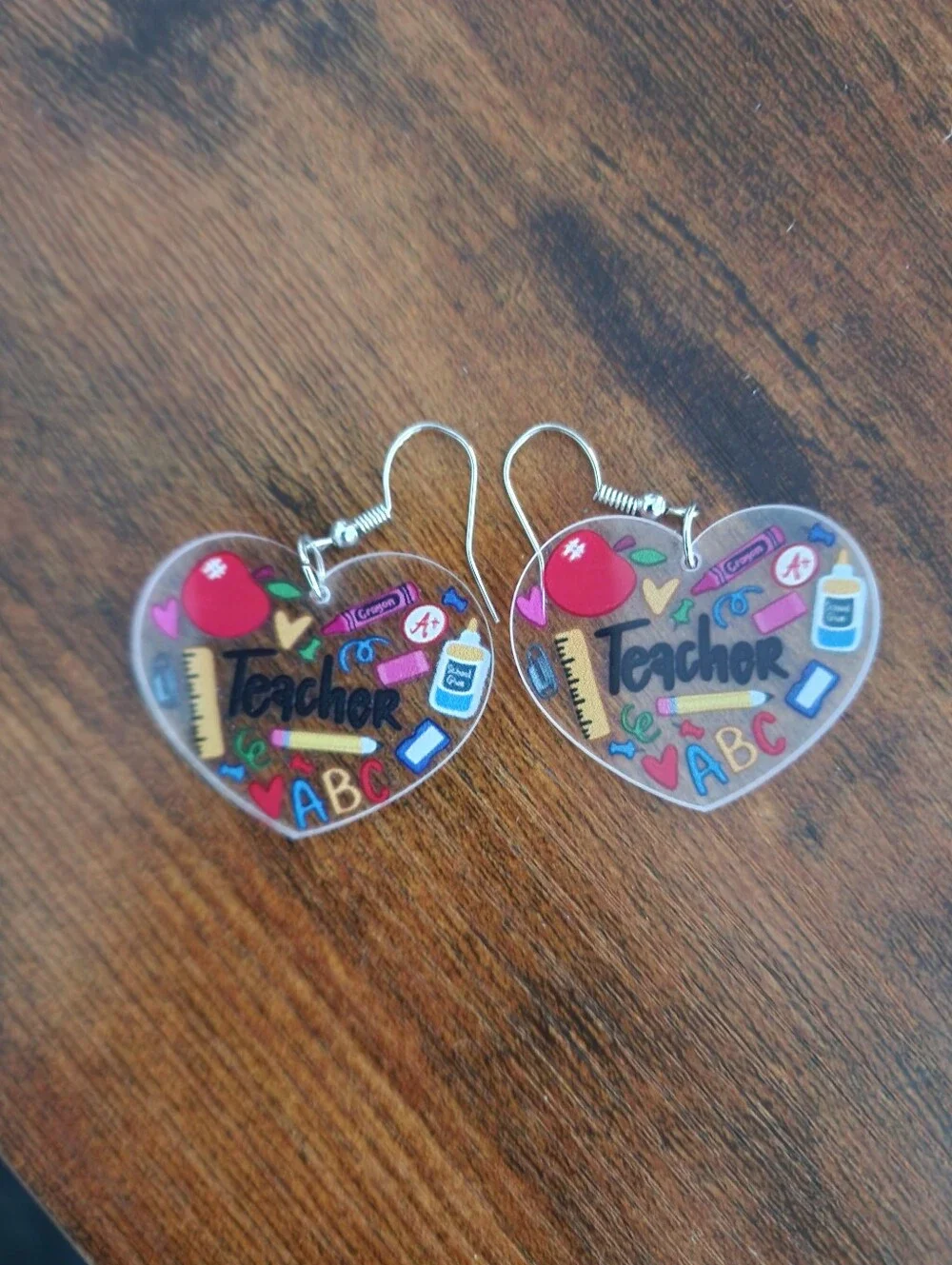 Teacher Heart Dangle Earrings - Colorful School Icons Appreciation Gifts/events